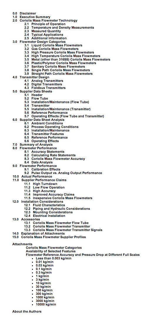 Coriolis Mass Flowmenters table of contents