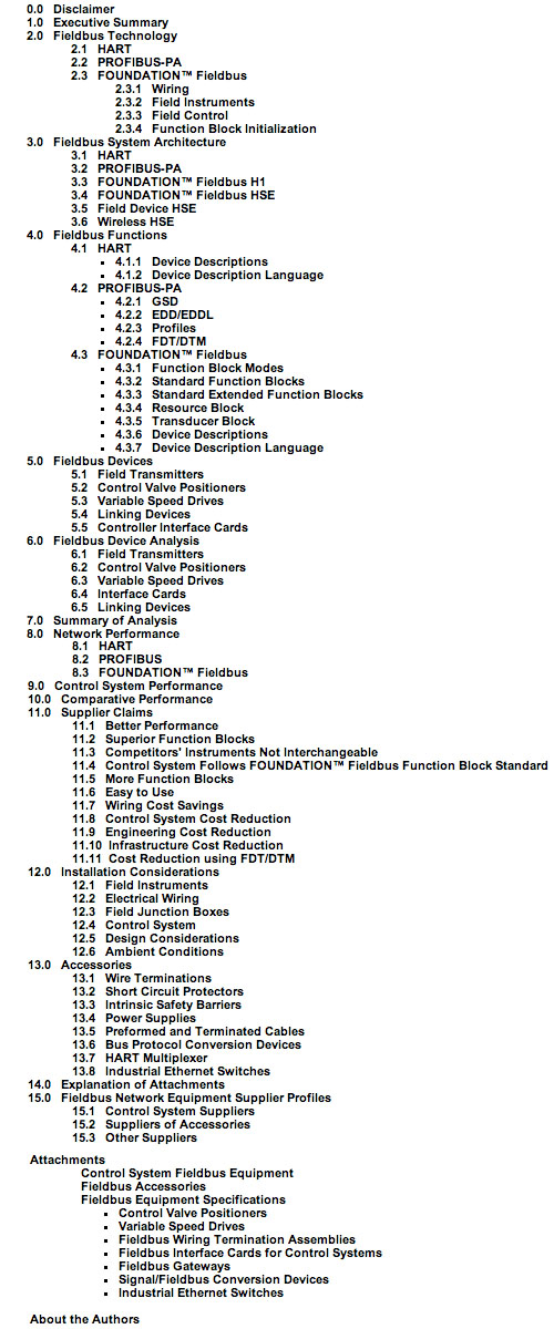 Fieldbus table of contents