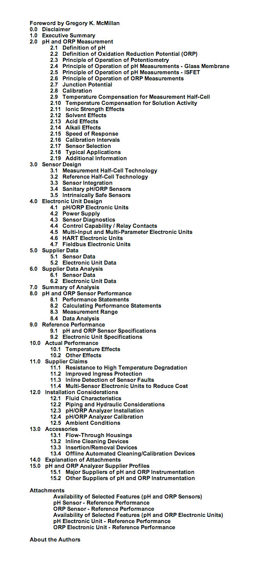 pH & ORP table of contents
